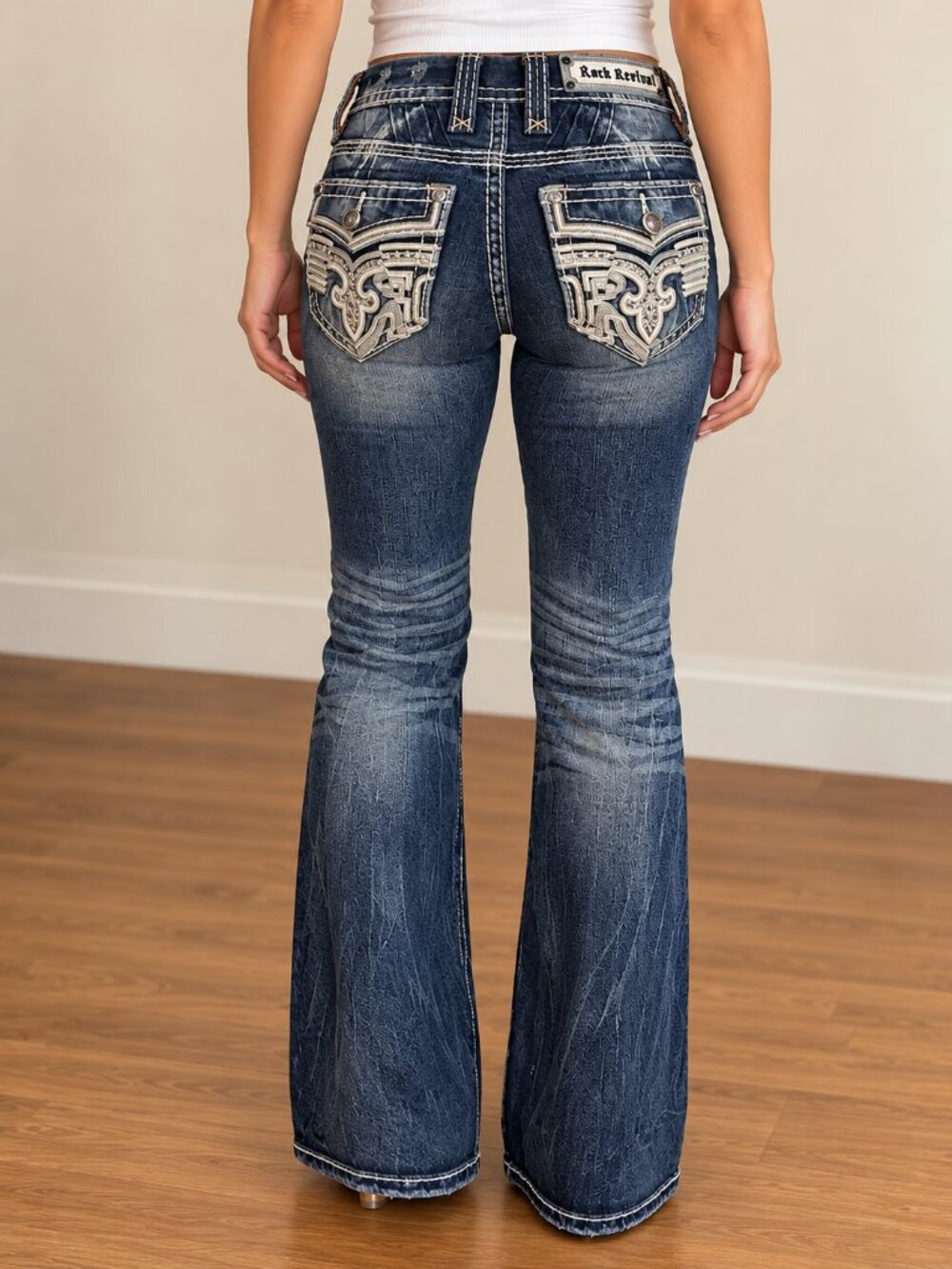 Rock Revival Women's Flare Jeans Dark Wash Embellished Pocket Bootcut Western Y2